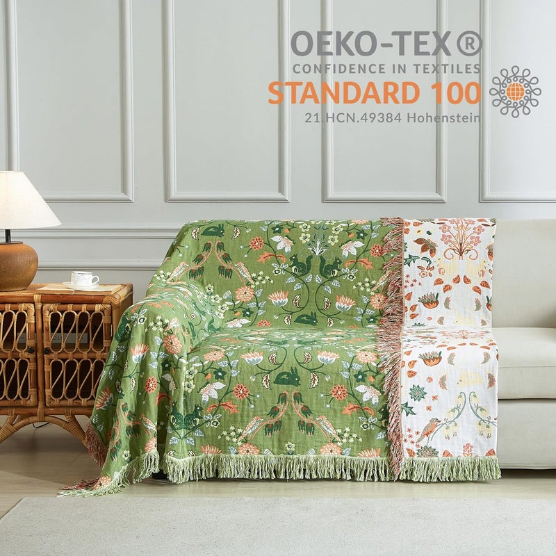 SE SOFTEXLY Boho Throw Blanket for Bed 60”x80”, 100% Cotton Woven Blanket for Couch Sofa, Ultra Soft 4-Layer Muslin Quilt with Floral Printed, Farmhouse Bed Blanket/Cover for Living Room Decor - Image 4