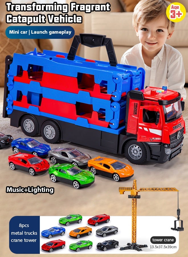 سيارات مصبوبة، مجموعة ألعاب سباق السيارات، سيارات مصبوبة، سيارات لعب، لعبة سيارات، ألعاب أطفال، ألعاب سيارات، شاحنات أطفال قابلة للطي من طبقتين، شاحنة سباق سيارات، شاحنة نقل، شاحنة حاوية، مسار سباق، مرآب سيارات، شاحنة سباق مع 8 سيارات من السبائك ورافعة للأولاد والبنات من عمر 3 سنوات فما فوق (أحمر + أزرق) - Image 1