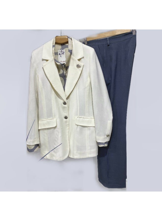 Smoky Egypt Elegant Crepe Solid Blazer-OffWhite - Image 5