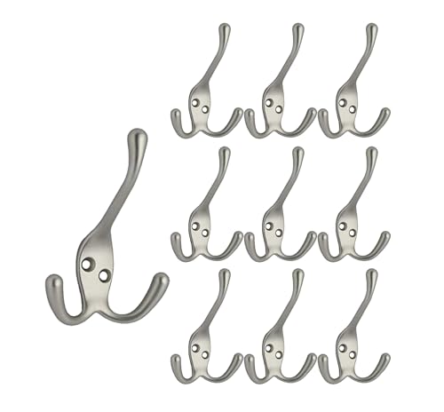 QCAA Premium Quality Coat Hat Hook with Three Prongs 4 Zinc Die Cast Satin Nickel 10 Pack Made in Taiwan - Image 1