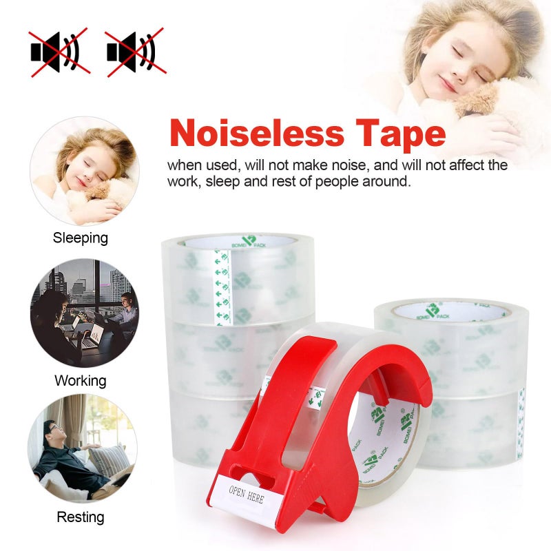 BOMEI PACK No Noise Quiet Clear Packing Tape, Heavy Duty Packaging Tape, Refill Rolls for Sealing Packing and Shipping, 2.4Mil 1.88Inch 55Yards 6rolls, with Free Dispenser - Image 2