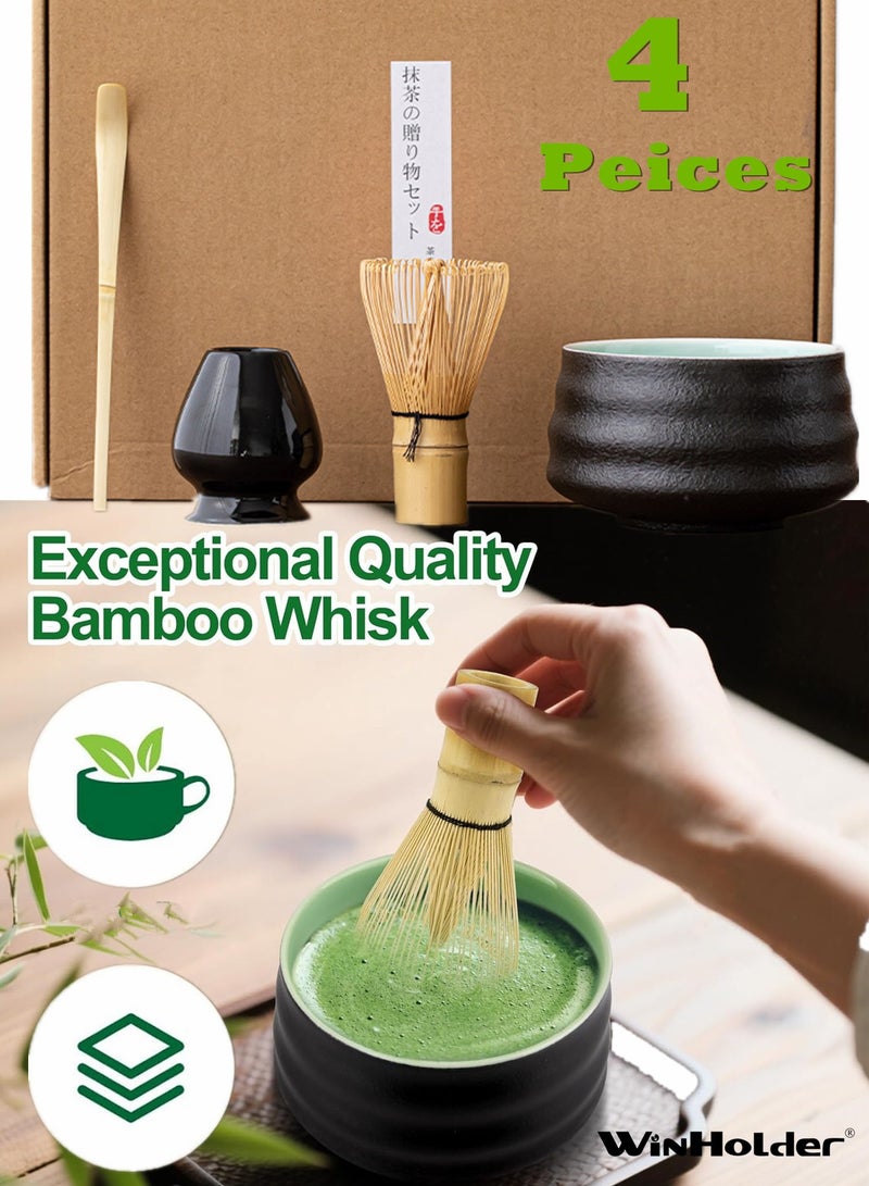 وين هولدر طقم ماتشا مكون من 4 قطع، أداة شاي تقليدية مصنوعة يدويًا مع وعاء سيراميك ومغرفة ومضرب ماتشا من الخيزران وحامل - Image 1