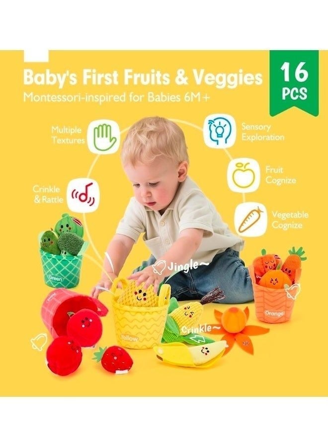 Prime Choice Montessori Color Sorting Fruit & Vegetable Plush Toy Set, 16PCS Soft Food Sorting Game for Toddlers, Sensory Learning Toy with Color Baskets, Preschool Educational Matching Activity for Kids - Image 2