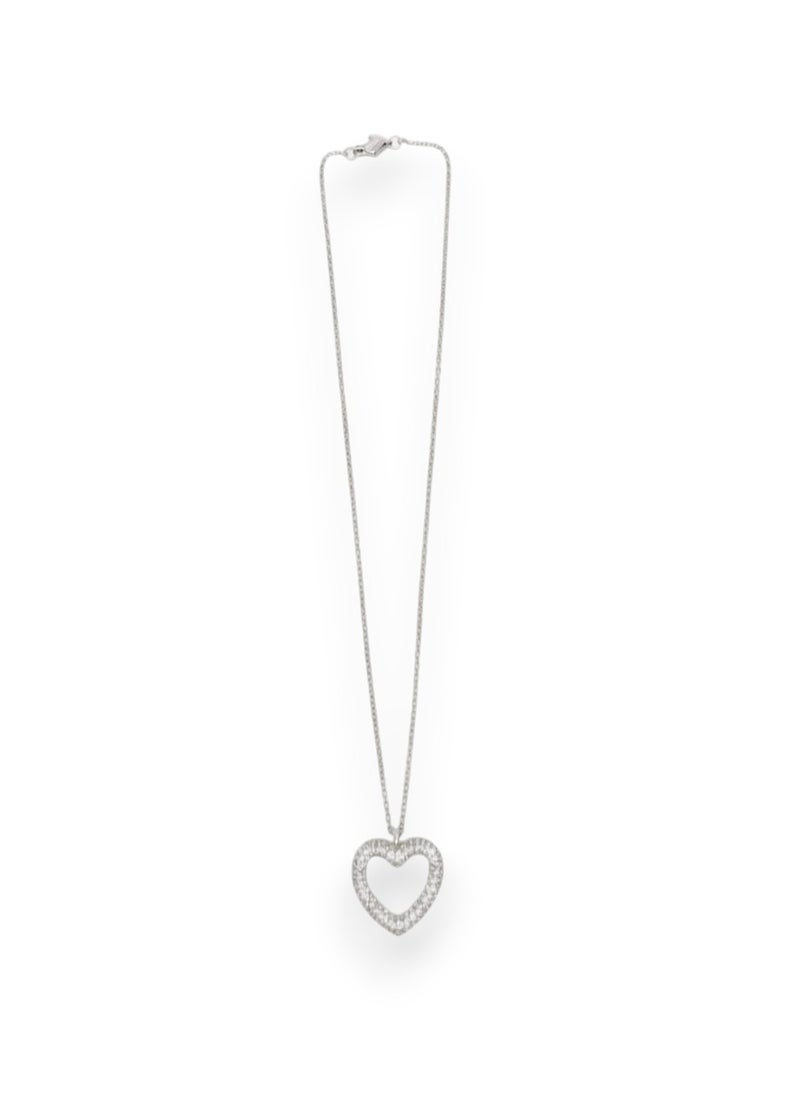 Open heart design necklace with rows of shiny silver stones - with a thin silver-plated chain - with additional links for adjusting the size. - Image 1