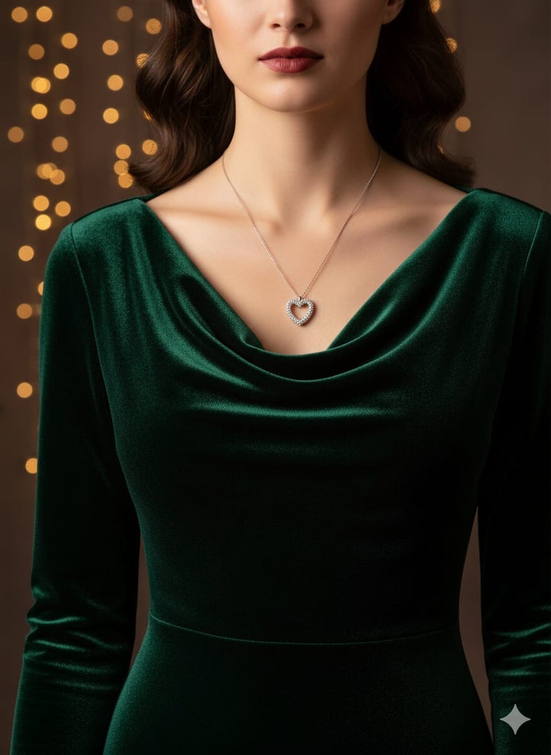 Open heart design necklace with rows of shiny silver stones - with a thin silver-plated chain - with additional links for adjusting the size. - Image 3