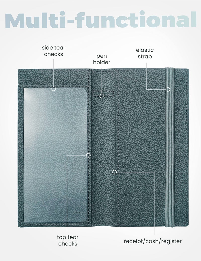 Yarnic Checkbook Cover for Personal Checkbook, Checkbook Holder with Pen Holder & Built-in Clear Plastic Divider for Duplicate Checks (Grey Green) - Image 2
