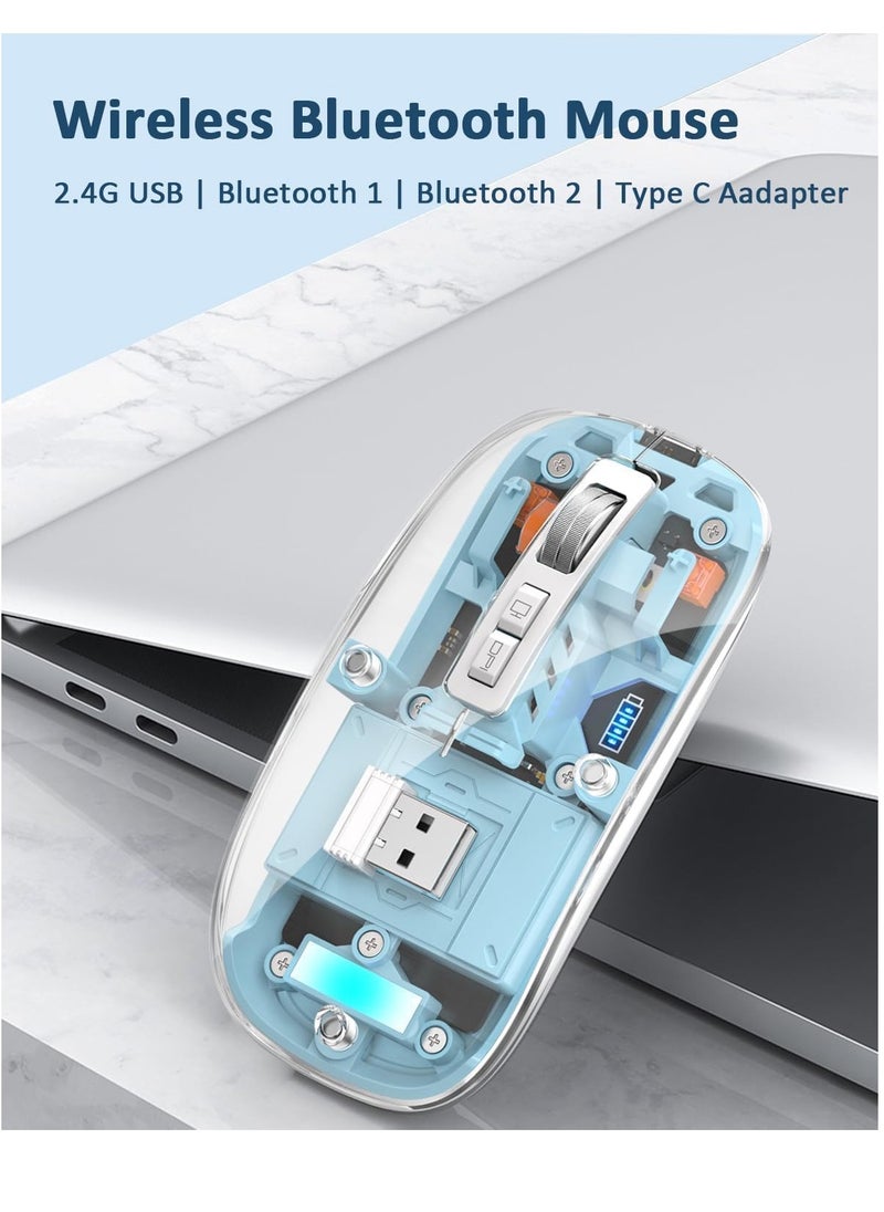 Generic - Transparent Rechargeable Dual-Mode Mouse - Multi devices ( Modes BT5.1 / BT5.1 / 2.4GHz ) - Bluetooth / Wireless Connection - 400mAh - Silent Clik - Magnatic Cover -1600DPI - For Office Business | Blue - Image 1