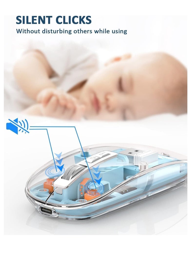 Generic - Transparent Rechargeable Dual-Mode Mouse - Multi devices ( Modes BT5.1 / BT5.1 / 2.4GHz ) - Bluetooth / Wireless Connection - 400mAh - Silent Clik - Magnatic Cover -1600DPI - For Office Business | Blue - Image 1