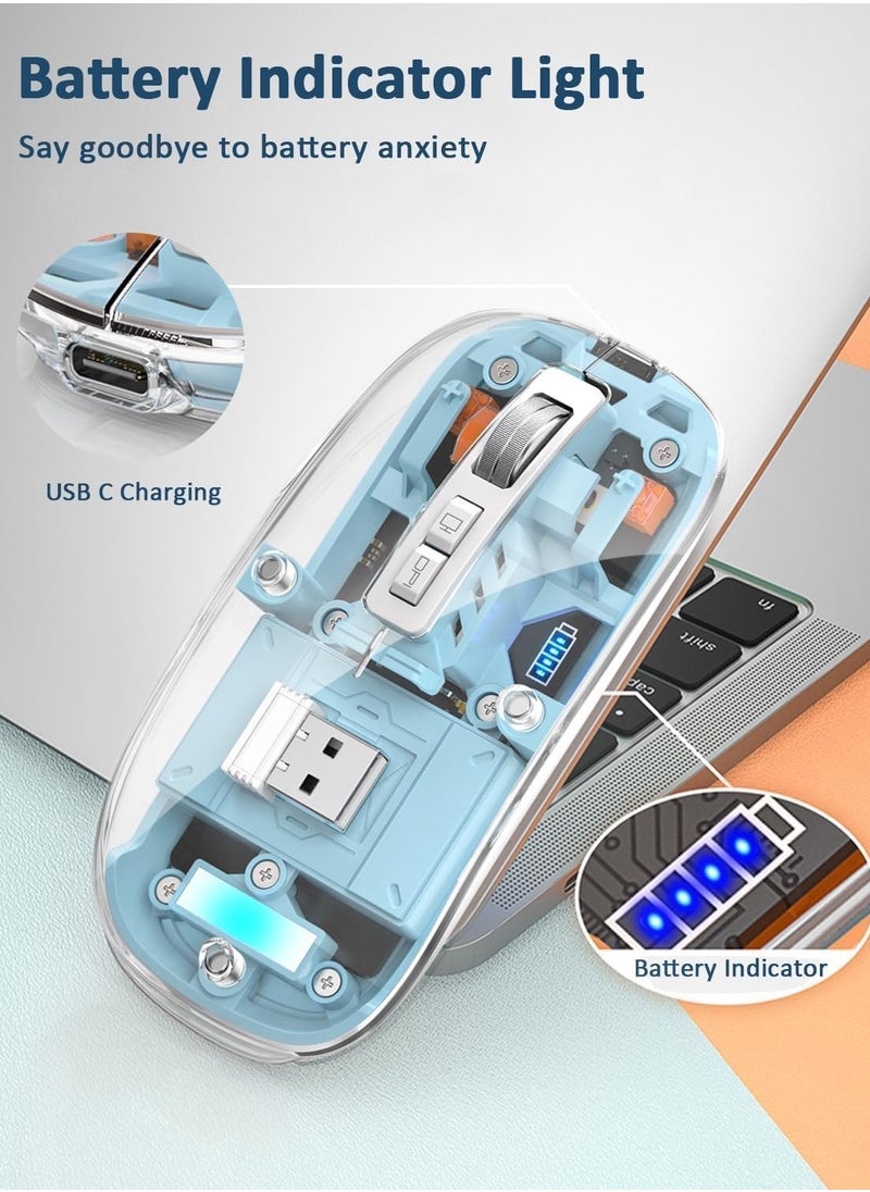 Generic - Transparent Rechargeable Dual-Mode Mouse - Multi devices ( Modes BT5.1 / BT5.1 / 2.4GHz ) - Bluetooth / Wireless Connection - 400mAh - Silent Clik - Magnatic Cover -1600DPI - For Office Business | Blue - Image 1