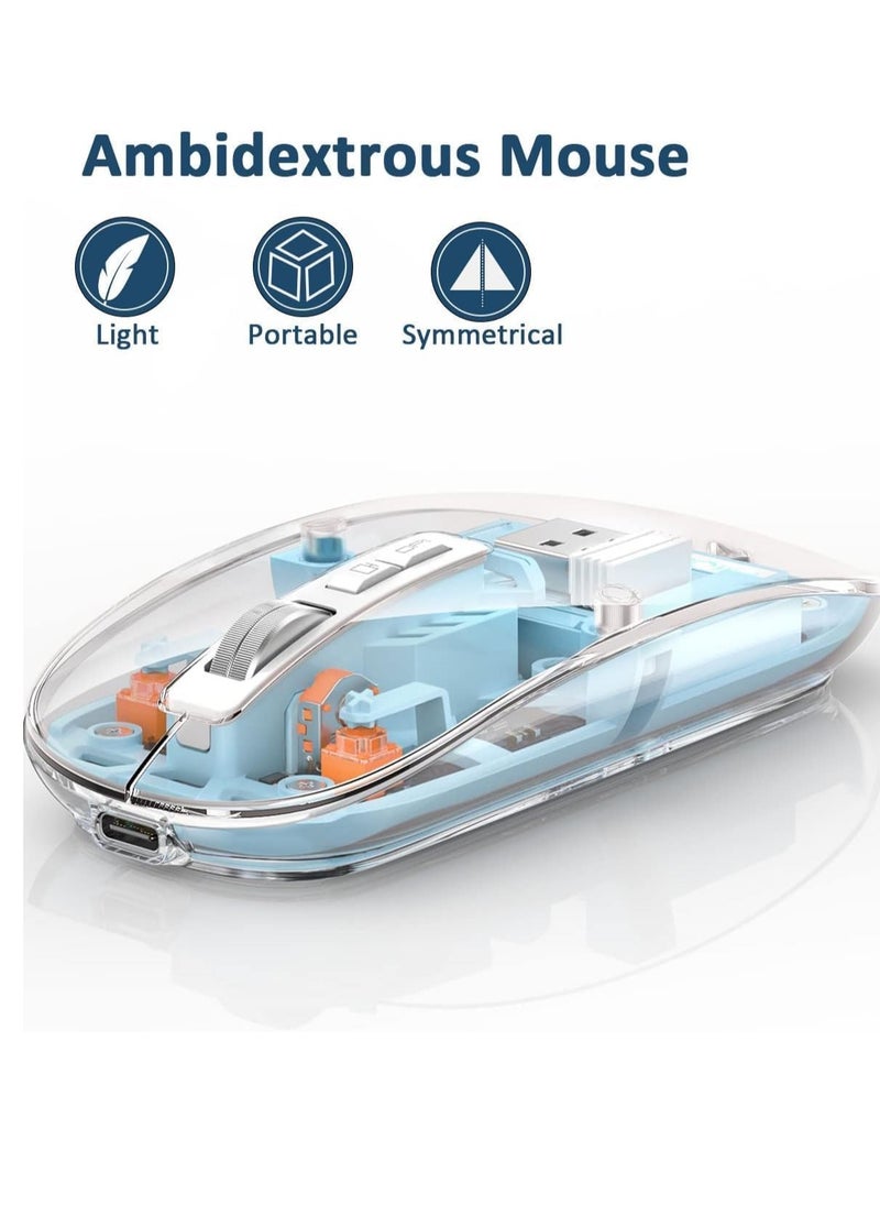 Generic - Transparent Rechargeable Dual-Mode Mouse - Multi devices ( Modes BT5.1 / BT5.1 / 2.4GHz ) - Bluetooth / Wireless Connection - 400mAh - Silent Clik - Magnatic Cover -1600DPI - For Office Business | Blue - Image 1