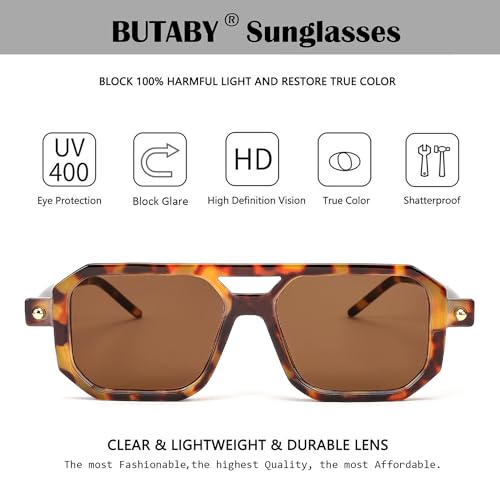 BUTABY Retro Square 70s Flat Aviator Sunglasses Women Men Vintage Trendy Plastic Frame Sun Glasses UV400 Protection Tortoise - Image 4