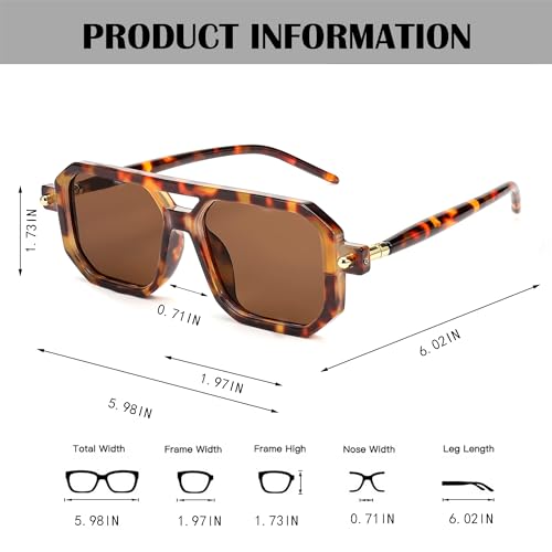 BUTABY Retro Square 70s Flat Aviator Sunglasses Women Men Vintage Trendy Plastic Frame Sun Glasses UV400 Protection Tortoise - Image 5