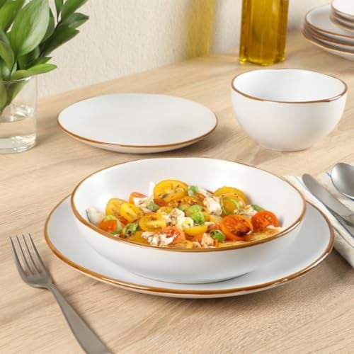 Gibson Home Hazeltine 16-Piece White Stoneware Dinnerware Set – Plates and Bowls, Durable Ceramic Kitchen Dinner Set - Image 2