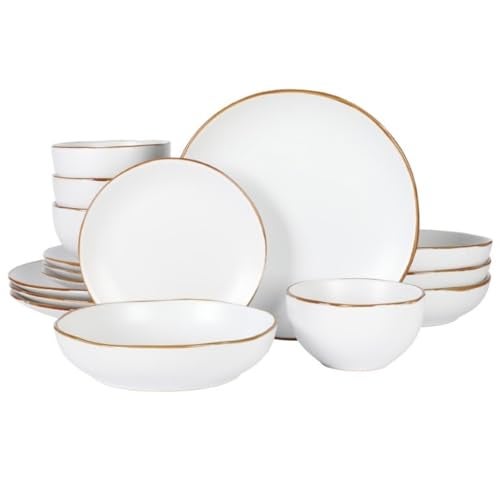 Gibson Home Hazeltine 16-Piece White Stoneware Dinnerware Set – Plates and Bowls, Durable Ceramic Kitchen Dinner Set - Image 1