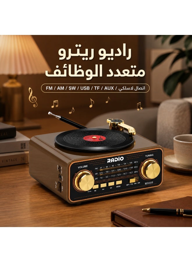 راديو محمول ريترو متعدد الوظائف مع بلوتوث وراديو FM AM SW، مشغل موسيقى USB وTF وAUX، بطارية قابلة للشحن Type-C، مكبر صوت مدمج للمنزل والمكتب - Image 3