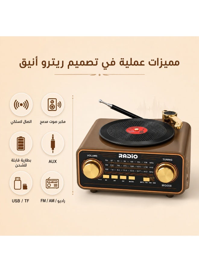 راديو محمول ريترو متعدد الوظائف مع بلوتوث وراديو FM AM SW، مشغل موسيقى USB وTF وAUX، بطارية قابلة للشحن Type-C، مكبر صوت مدمج للمنزل والمكتب - Image 2