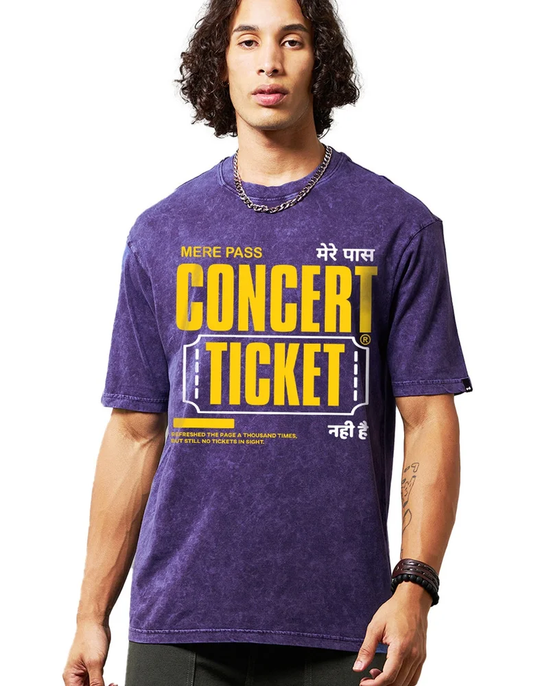 بيواكوف تي شيرت رجالي واسع مغسول بالحمض بطبعة موسيقية باللون الأزرق البحري