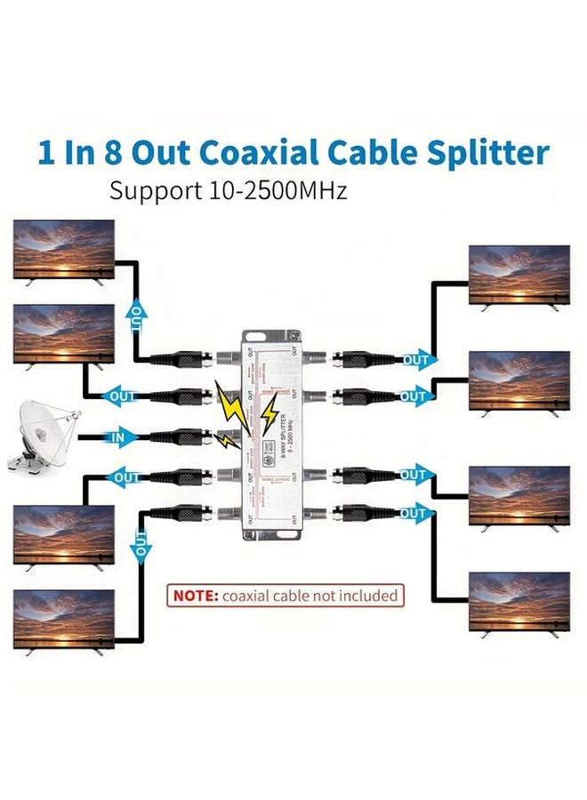 Silvery 8 Way Coaxial Cable Splitter 10 2500MHz RG6 Compatible for CATV Satellite TV - Image 1