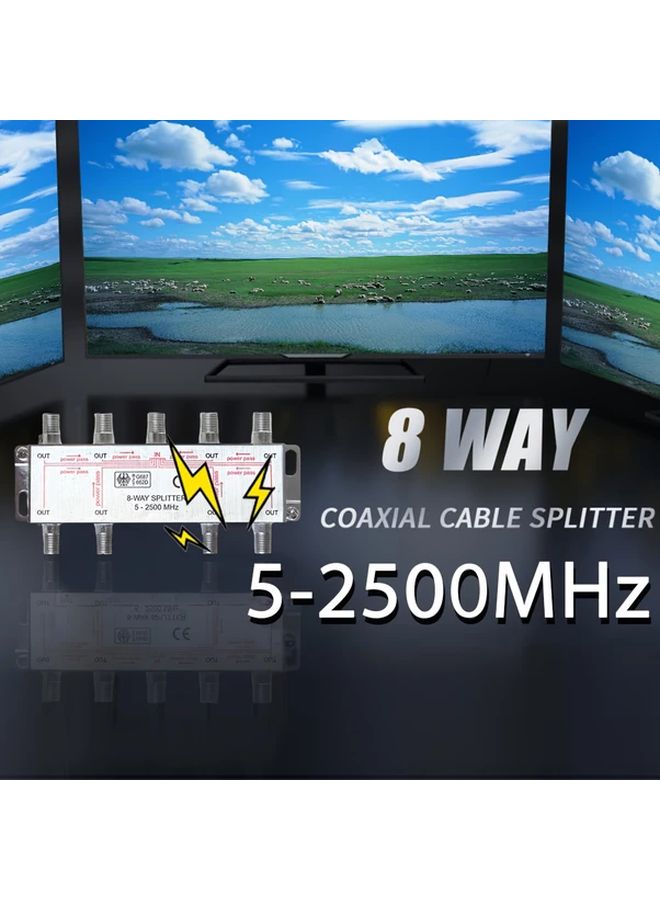 Silvery 8 Way Coaxial Cable Splitter 10 2500MHz RG6 Compatible for CATV Satellite TV - Image 2