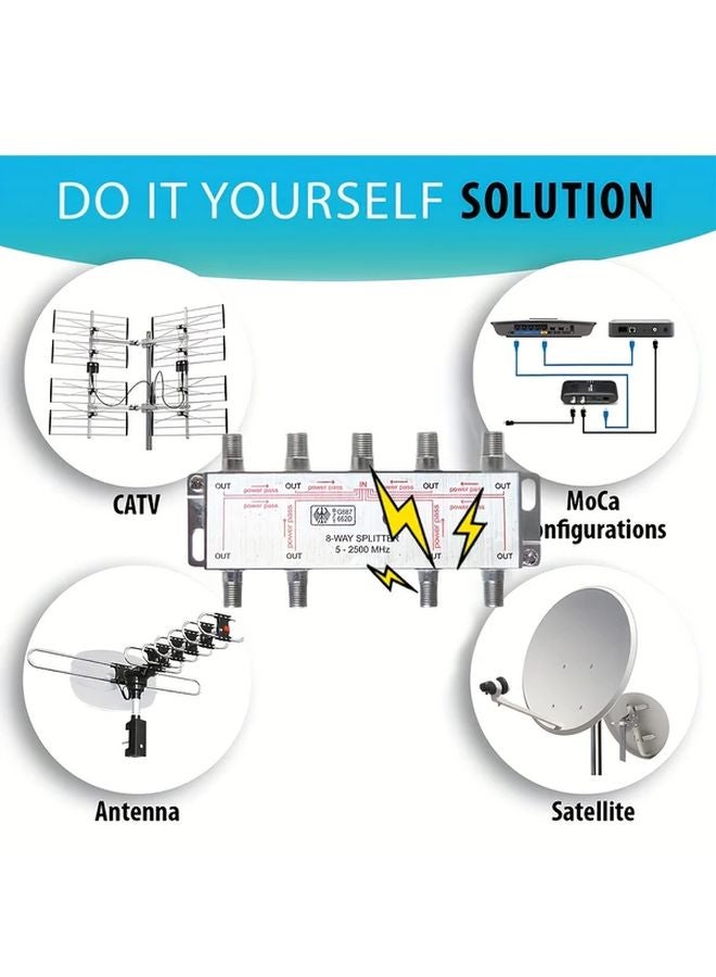 Silvery 8 Way Coaxial Cable Splitter 10 2500MHz RG6 Compatible for CATV Satellite TV - Image 5