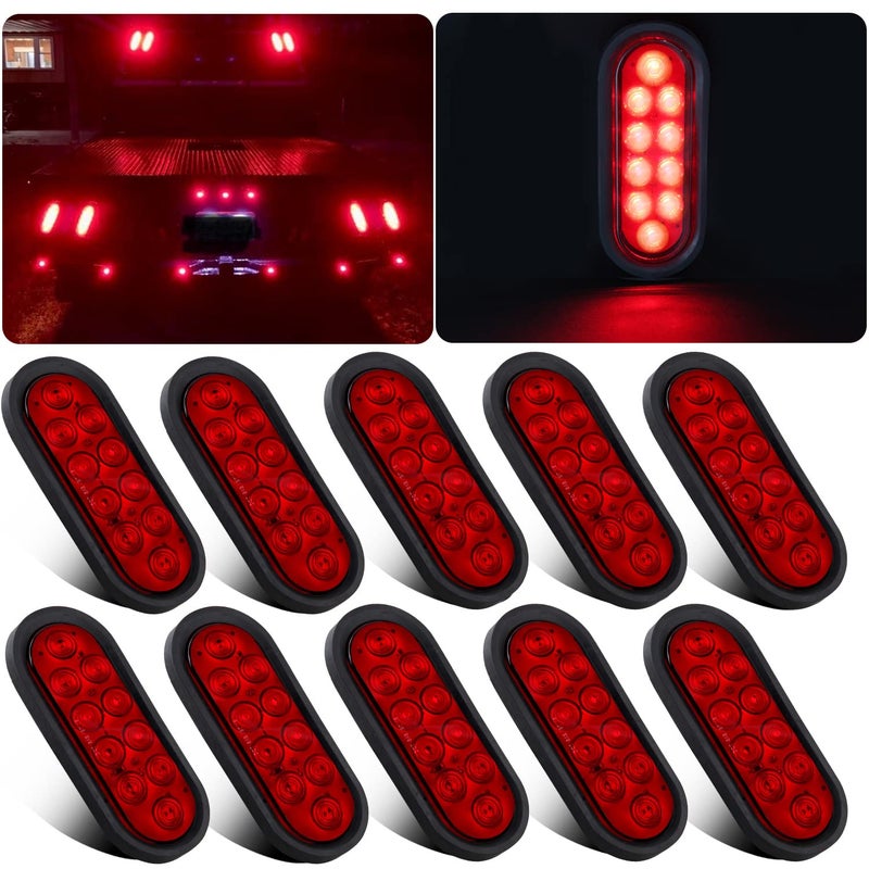 مصابيح خلفية LED بيضاوية 6 بوصات للجرارات 10 LED 10 قطع مصابيح فرامل حمراء 6 مصابيح LED بيضاوية توقف إشارة خلفية محكمة الإغلاق مقاومة للماء مع حلقات مطاطية قابلة للتثبيت 3 أسلاك توصيل 12 فولت