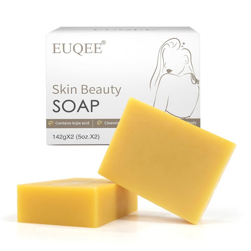 EUQEE Lemon Kojic Acid Soap 5 oz Soap Bars with Vitamin C Turmeric Lemon Vitamin E for Skin Beauty Remove Skin Impurities and Experience Deep Skin Cleansing with a Foaming Net  142g x 2 Bars