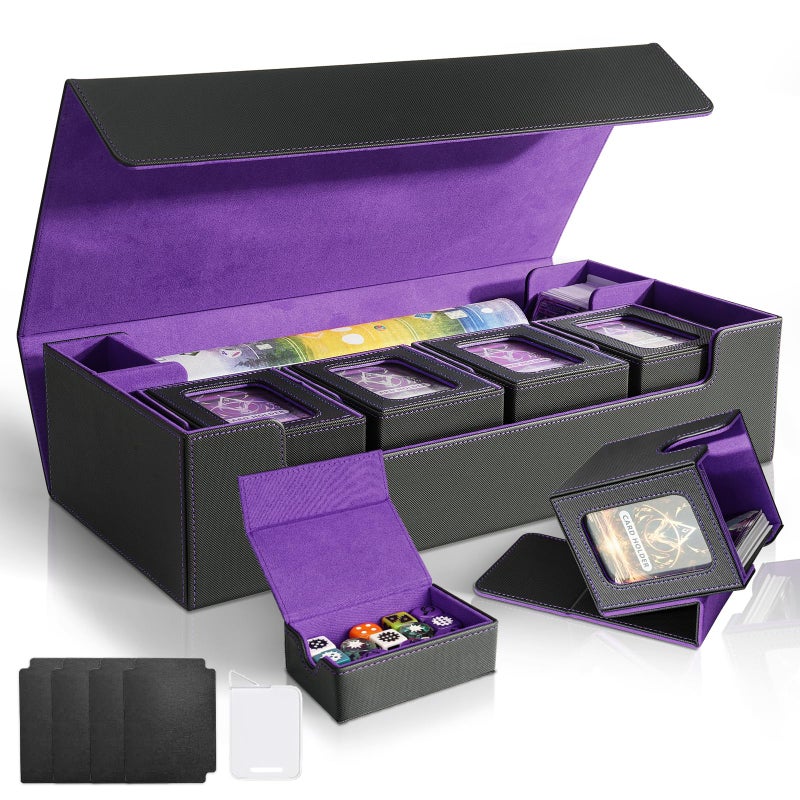 Jaffzora Card Deck Box for MTG Commander Large 6 in 1 Card Storage Display Case with 5PCS TCG Deck Boxes Dice Tray Holds 2400 Unsleeved Trading Cards BlackPurple Set