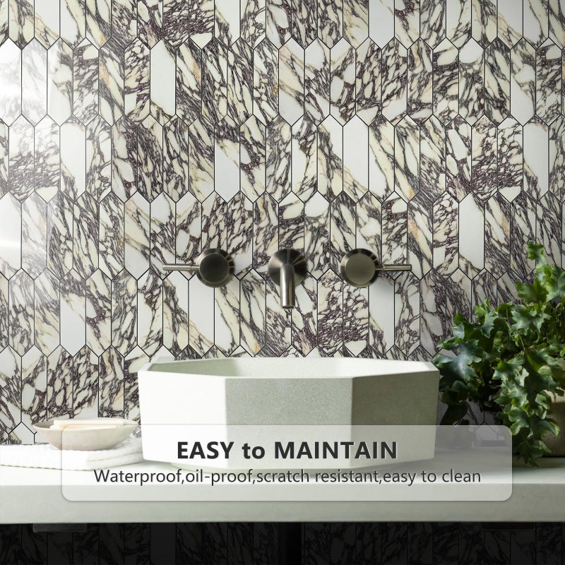 Vamos Tile Glossy Marble Purple Backsplash Tile Peel and Stick, 12.8 x 12.8 Inch 10 Sheets Long Hexagon PVC Self Adhesive Mosaic Wall Tiles Stick on Backsplash for Kitchen and Bathroom - Image 2