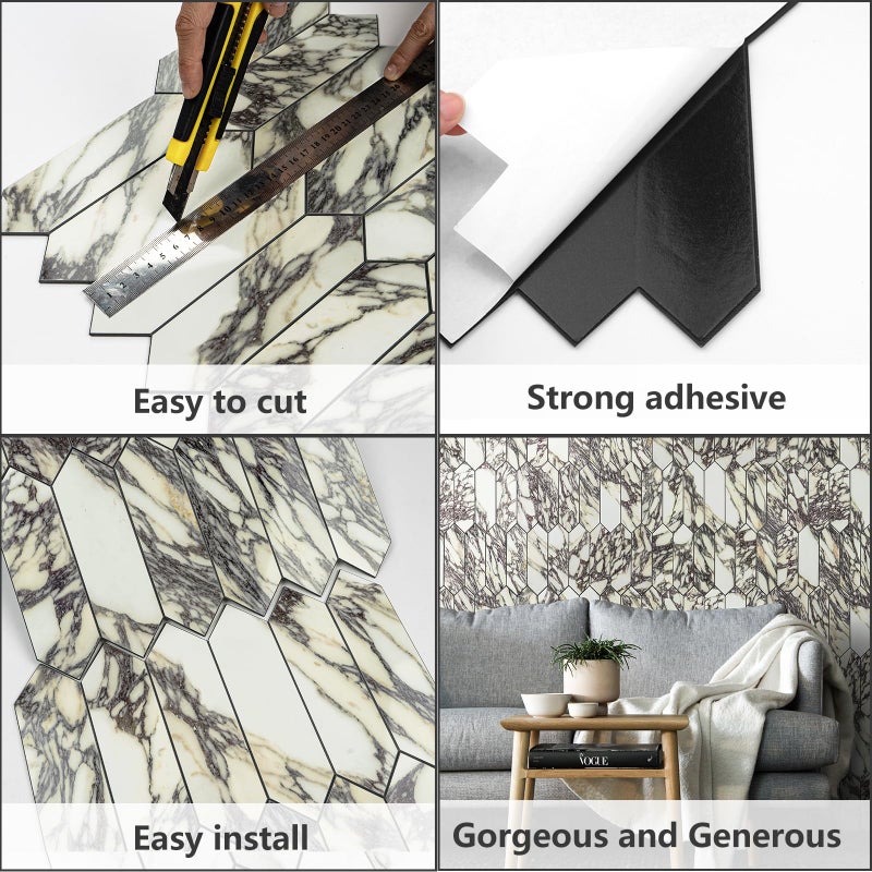 Vamos Tile Glossy Marble Purple Backsplash Tile Peel and Stick, 12.8 x 12.8 Inch 10 Sheets Long Hexagon PVC Self Adhesive Mosaic Wall Tiles Stick on Backsplash for Kitchen and Bathroom - Image 5