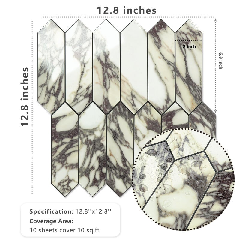 Vamos Tile Glossy Marble Purple Backsplash Tile Peel and Stick, 12.8 x 12.8 Inch 10 Sheets Long Hexagon PVC Self Adhesive Mosaic Wall Tiles Stick on Backsplash for Kitchen and Bathroom - Image 4