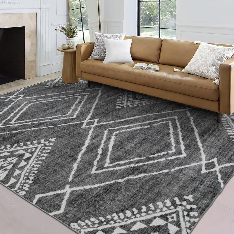 ReaLife Rugs Machine Washable Area Rug  Living Room Bedroom Bathroom Kitchen Entryway Office  Padded Low Pile Stain Resistant Premium  Moroccan Diamond Tribal  Jax  Gray 76 x 96