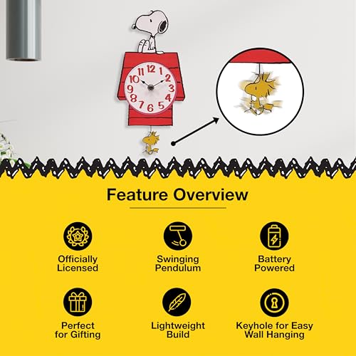 Mark Feldstein & Associates Mark Feldstein, Peanuts Snoopy's Dog House with Woodstock Pendulum Pal Wall Clock, 12 Inch - Image 4