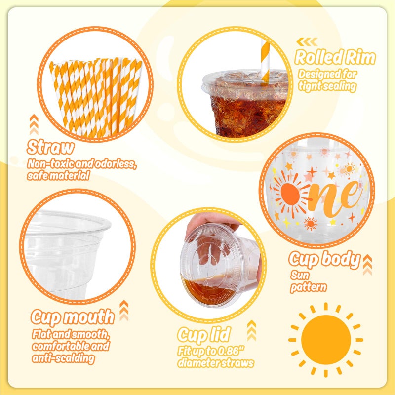 Whaline 50Pcs One Sun Disposable Plastic Cups with Lids and Straws 12 oz Boho Sunshine Party Cups Cold Beverage Drinking Cups for First Birthday Baby Shower Party Supplies - Image 2