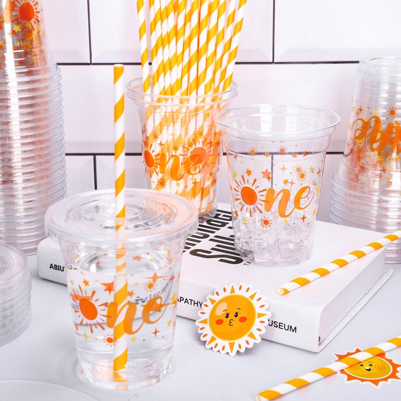 Whaline 50Pcs One Sun Disposable Plastic Cups with Lids and Straws 12 oz Boho Sunshine Party Cups Cold Beverage Drinking Cups for First Birthday Baby Shower Party Supplies - Image 3