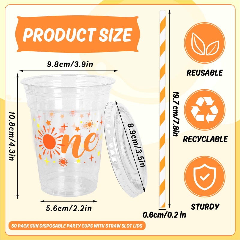 Whaline 50Pcs One Sun Disposable Plastic Cups with Lids and Straws 12 oz Boho Sunshine Party Cups Cold Beverage Drinking Cups for First Birthday Baby Shower Party Supplies - Image 1