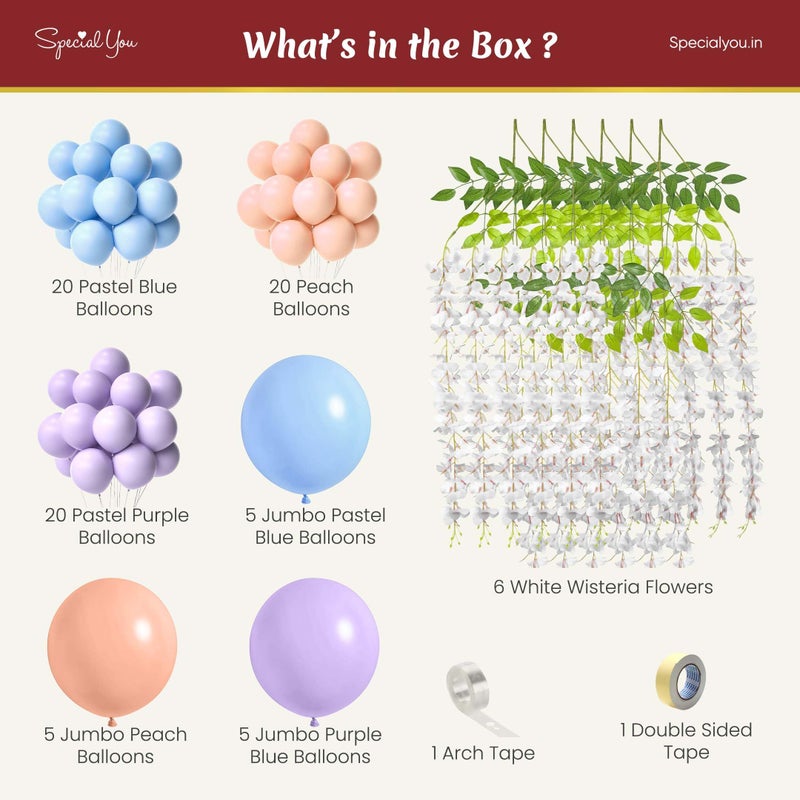 SpecialYou.in Special You Pack of 63 Items Pastel Balloons for Decoration Items includes Pastel Peach, Purple & Blue Balloons with White Wisteria, Purple & Blue Jumbo Balloon - Image 3