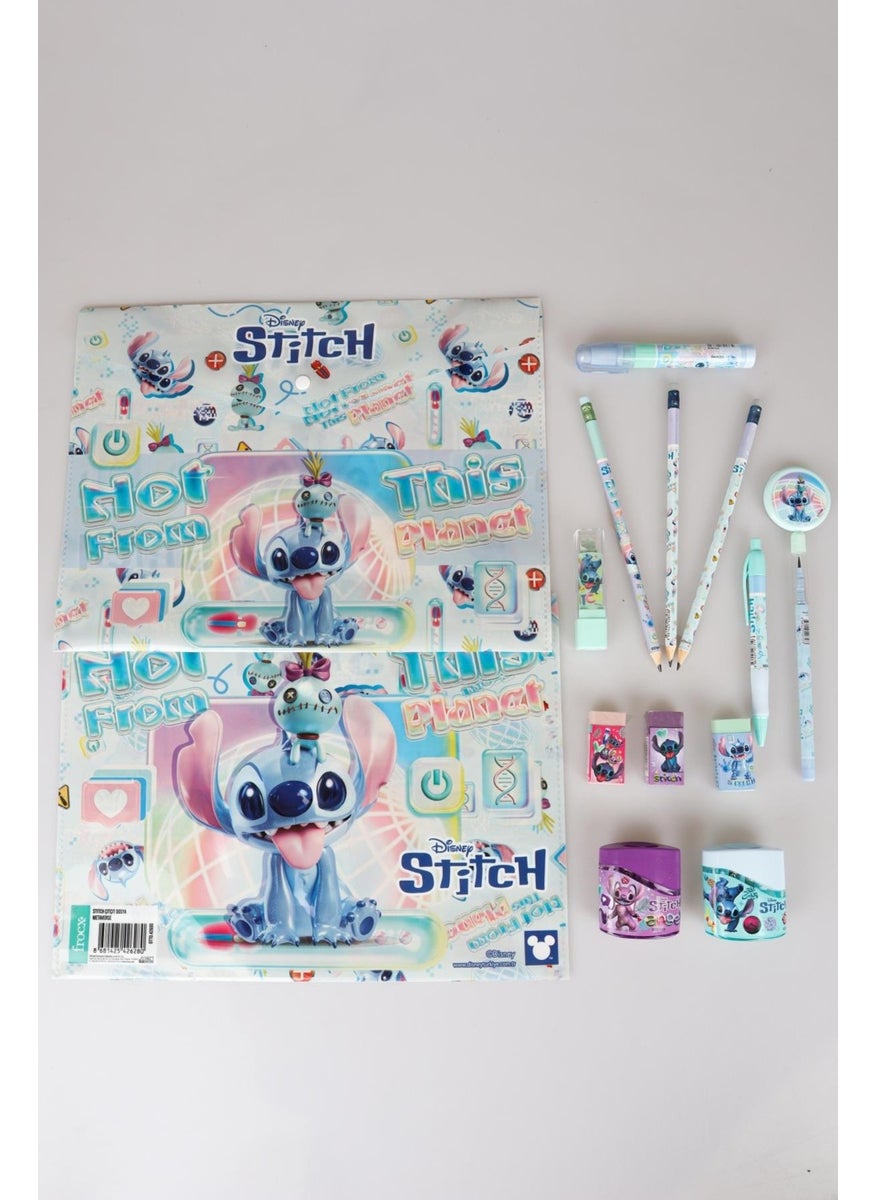 STITCH - مجموعة قرطاسية كاملة مرخصة 15 قطعة ملف قابل للإغلاق 3 قطع قلم رصاص مع ممحاة ممحاة صاروخ ومبراة مزدوجة الشفرة مجموعة قرطاسية - Image 1