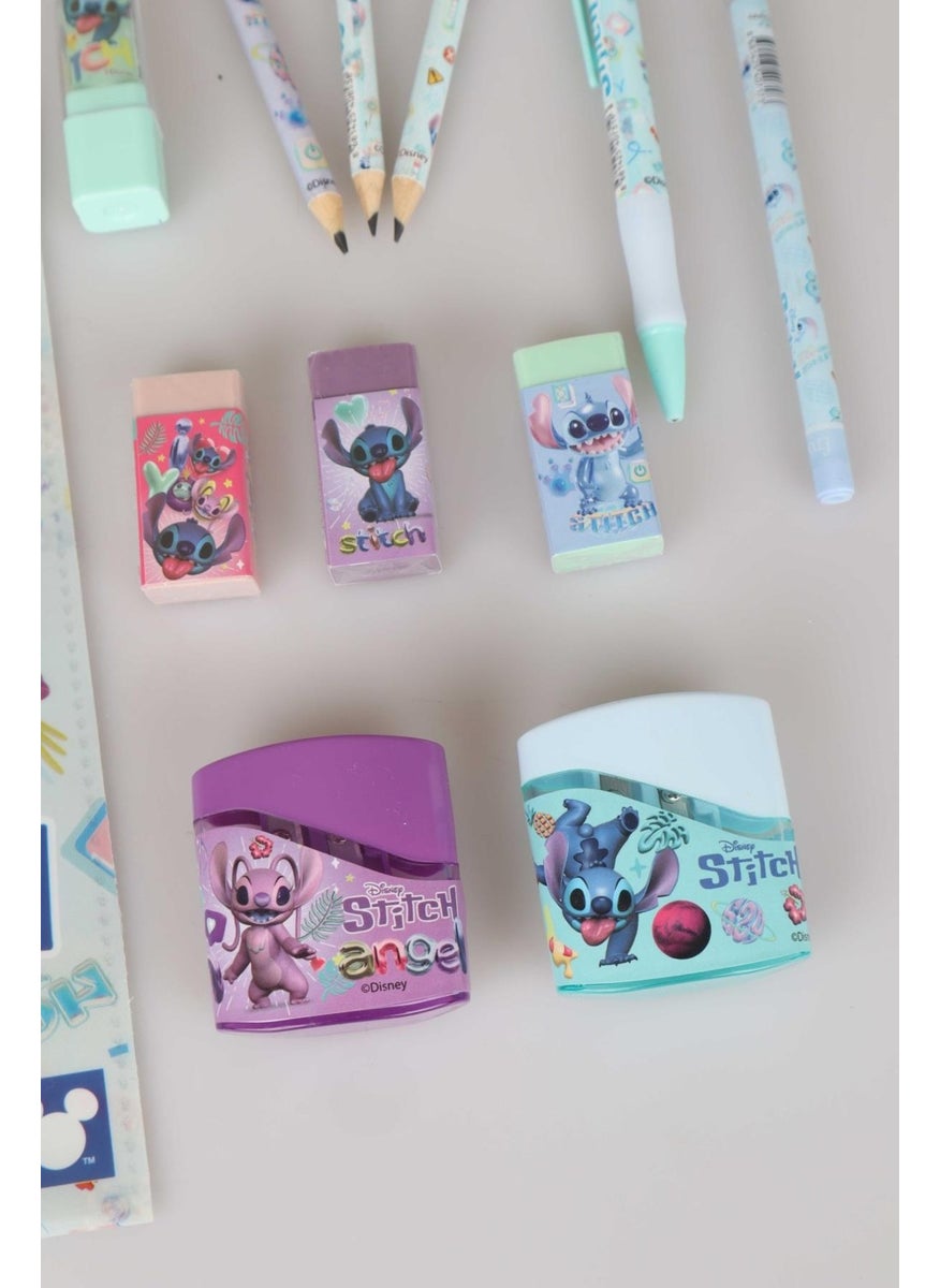 STITCH - مجموعة قرطاسية كاملة مرخصة 15 قطعة ملف قابل للإغلاق 3 قطع قلم رصاص مع ممحاة ممحاة صاروخ ومبراة مزدوجة الشفرة مجموعة قرطاسية - Image 1