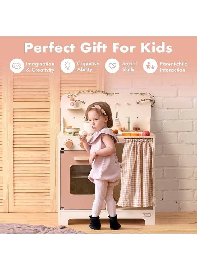 Robotime ROBOTIME Kids Play Kitchen Set - Rustic Wooden Kitchen Sets, Pretend Play Kitchen with Leaf Light String, Apron, and Groves, for Toddlers 3+ (Rustic Style)  - Image 5