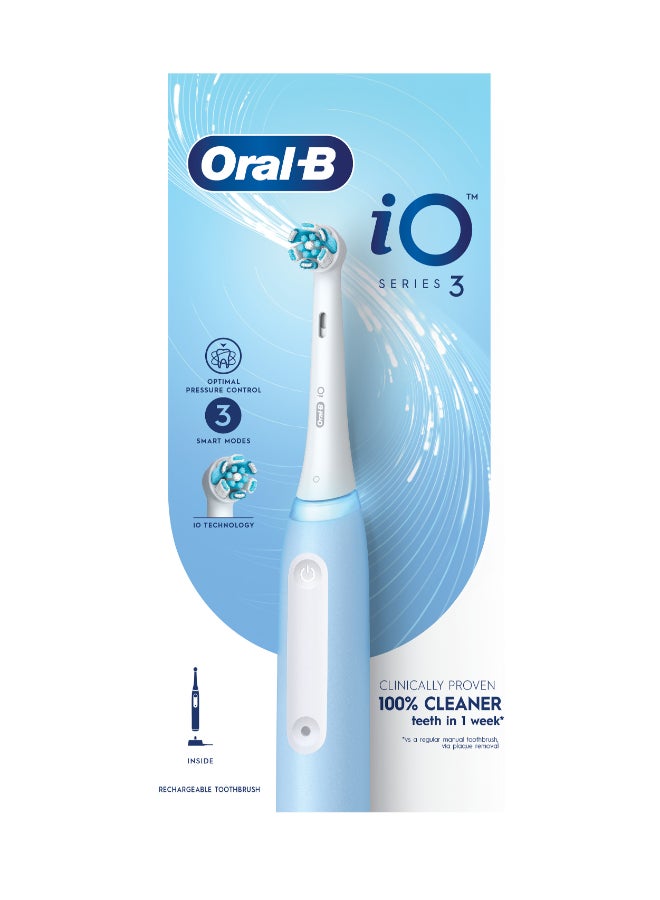 Oral-B iO Series 3 Rechargeable Electric Toothbrush, Ice Blue, 100% Cleaner Teeth in 1 Week, Clinically Proven, with Personalized Brushing Modes, Optimal Pressure Control, Pack of 1 - Image 1