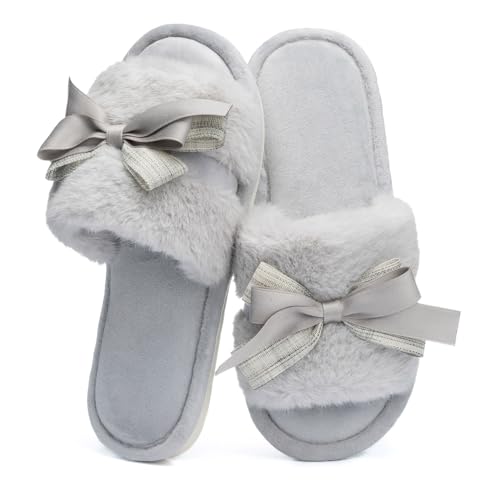 GOEWY House Slippers for Women Open Toe Fuzzy Cute Bow Slippers with Memory Foam Fluffy Cozy Mothers Day Gifts for Women Mom Indoor and Outdoor Size 9 10 Grey - Image 1