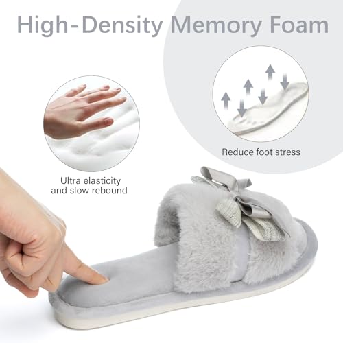 GOEWY House Slippers for Women Open Toe Fuzzy Cute Bow Slippers with Memory Foam Fluffy Cozy Mothers Day Gifts for Women Mom Indoor and Outdoor Size 9 10 Grey - Image 4
