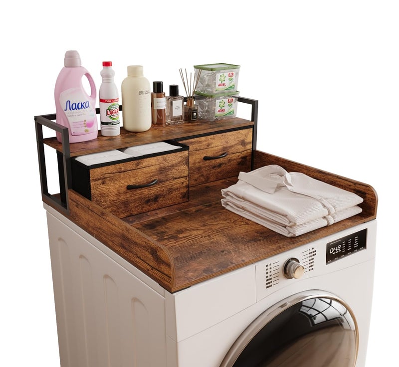 Unionly 2-Tier Washer Dryer Countertop single with shelf and fabirc drawer,laundry topper with Edge and Non-Slip Pad for Washer Dryer Laundry Hamper Counter Storage Organization (rustic brown, single) - Image 1