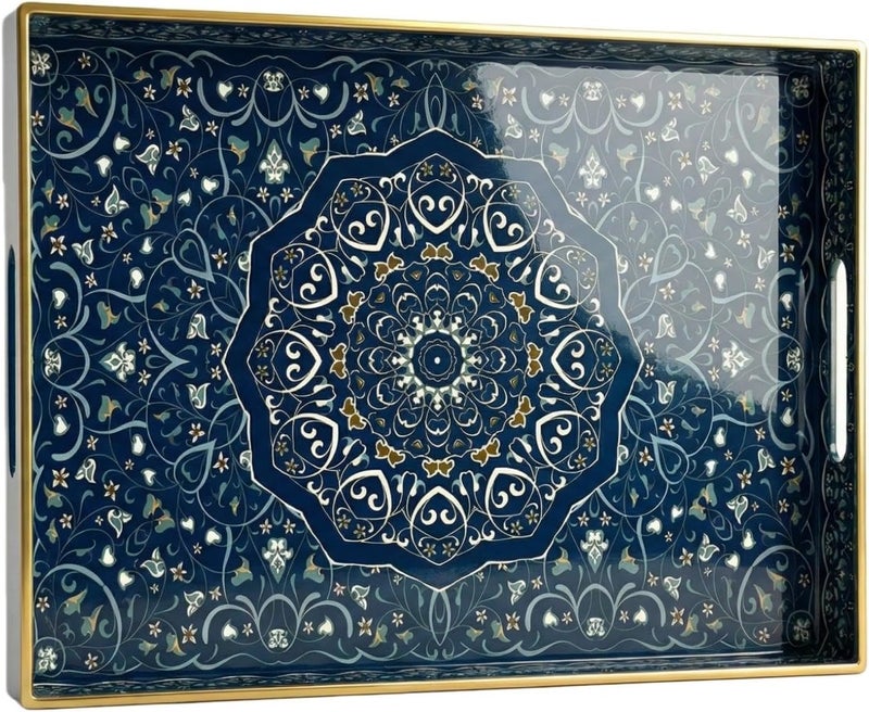 Simmer Stone Rectangular - Decorative Plastic Tray with Handles Modern Vanity Serving Tray for Ottoman, Coffee Table, Kitchen, and Bathroom 15.7 x 11.8 inches (Blue Maze) - Image 1