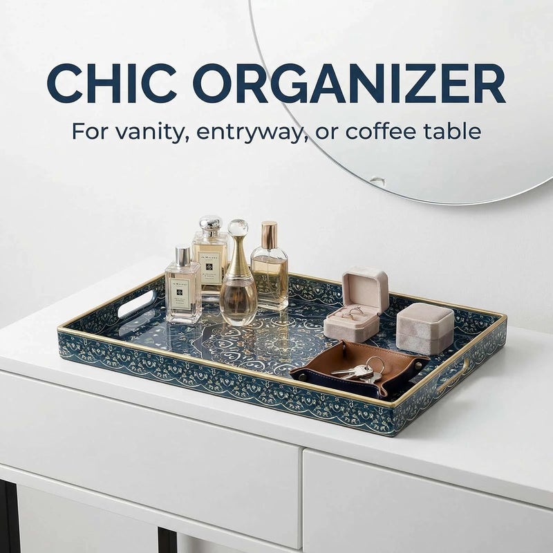 Simmer Stone Rectangular - Decorative Plastic Tray with Handles Modern Vanity Serving Tray for Ottoman, Coffee Table, Kitchen, and Bathroom 15.7 x 11.8 inches (Blue Maze) - Image 5