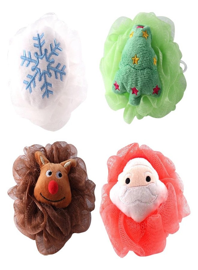 ccHuDE 4 Pcs Christmas Bath Sponges Elk Snowflake Body Wash Scrubbers Mesh Santa Claus Shower Puffs Shower Sponges Christmas Tree Bath Exfoliating Scrubbers - Image 1