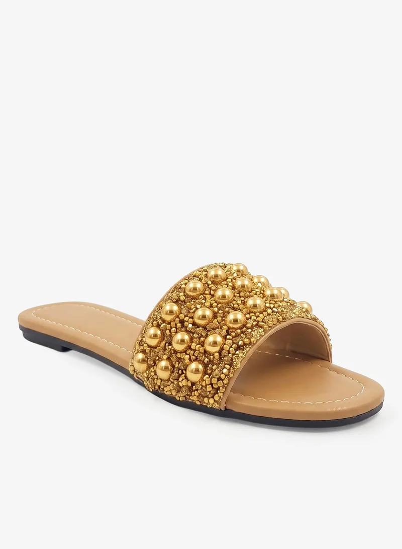Khizana Gold Pearl Embellished Flat Sandals