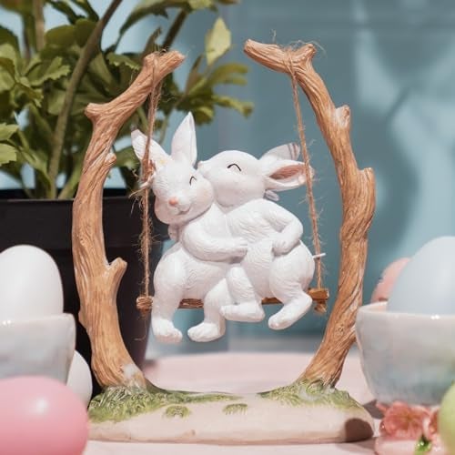 LC LCdecohome Easter Bunny Décor Outdoor Statues - Rabbit Décor Garden Decorations Easter Rabbit Figurine Couple Bunny Figurines Home Resin Rabbit Play on a Swing on The Tree 5L*2.5W*6.5H - Image 1