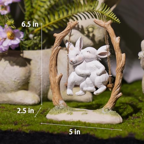 LC LCdecohome Easter Bunny Décor Outdoor Statues - Rabbit Décor Garden Decorations Easter Rabbit Figurine Couple Bunny Figurines Home Resin Rabbit Play on a Swing on The Tree 5L*2.5W*6.5H - Image 2