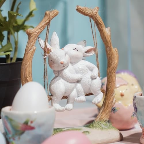 LC LCdecohome Easter Bunny Décor Outdoor Statues - Rabbit Décor Garden Decorations Easter Rabbit Figurine Couple Bunny Figurines Home Resin Rabbit Play on a Swing on The Tree 5L*2.5W*6.5H - Image 4